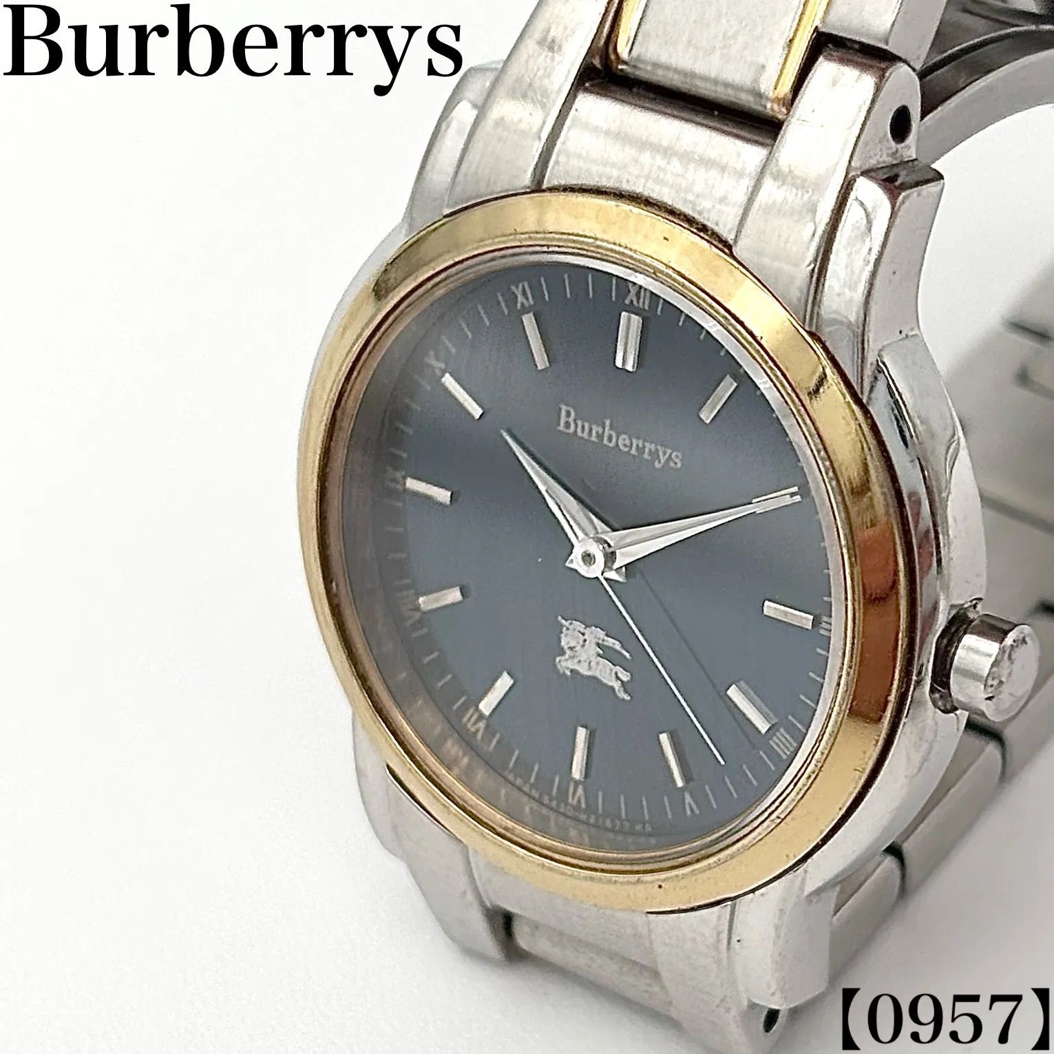 稼働品 Working item バーバリーズ Burberrys 腕時計 メンズ Men's クォーツ Quartz 5430-H21577 ネイビー文字盤 コンビ ゴールド ホースロゴ ラウンド 3針 0957