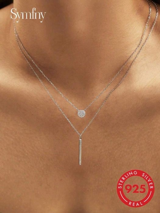 ジュエリー レディース ネックレス レイヤードネックレス 925スターリングシルバー二重レイヤーネックレス、光沢のある丸型ペンダント、エレガントな結婚式ジュエリーレディースギフト 1個入り