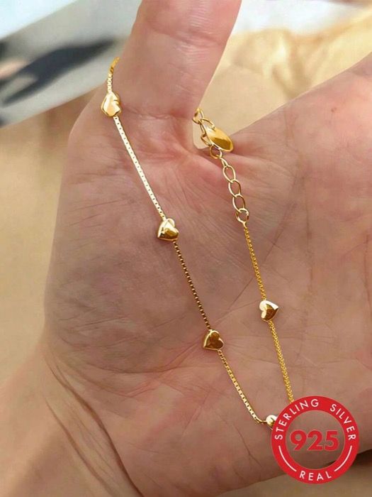 ジュエリー レディース ブレスレット チェーンブレスレット 1個 925スターリングシルバー ヴィンテージ ミニマリスト キュート ラグジュアリー エレガント グロッシー ハートブレスレット、女性、彼女、恋人の日常着用に適し、ジュエリーギフトにもなります
