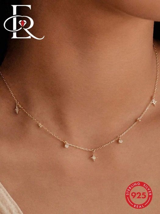 ジュエリー レディース ネックレス チェーンネックレス 1個 925スターリングシルバー ボヘミアンスター ペンダントネックレス、18Kゴールドメッキ調整可能チェーン、重ね着けネックレス、パーティージュエリーギフト