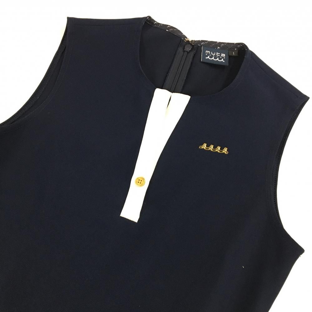 美品】ムータマリン ノースリーブワンピース ネイビー×白 ロゴゴールド
