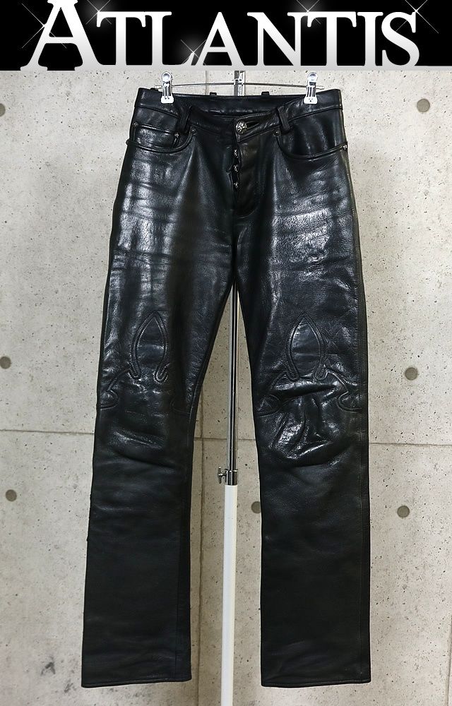 CHROME HEARTS 銀座店 クロムハーツ フレアニー レザー パンツ クロスパッチ SV925 メンズ 28インチ 黒 102433