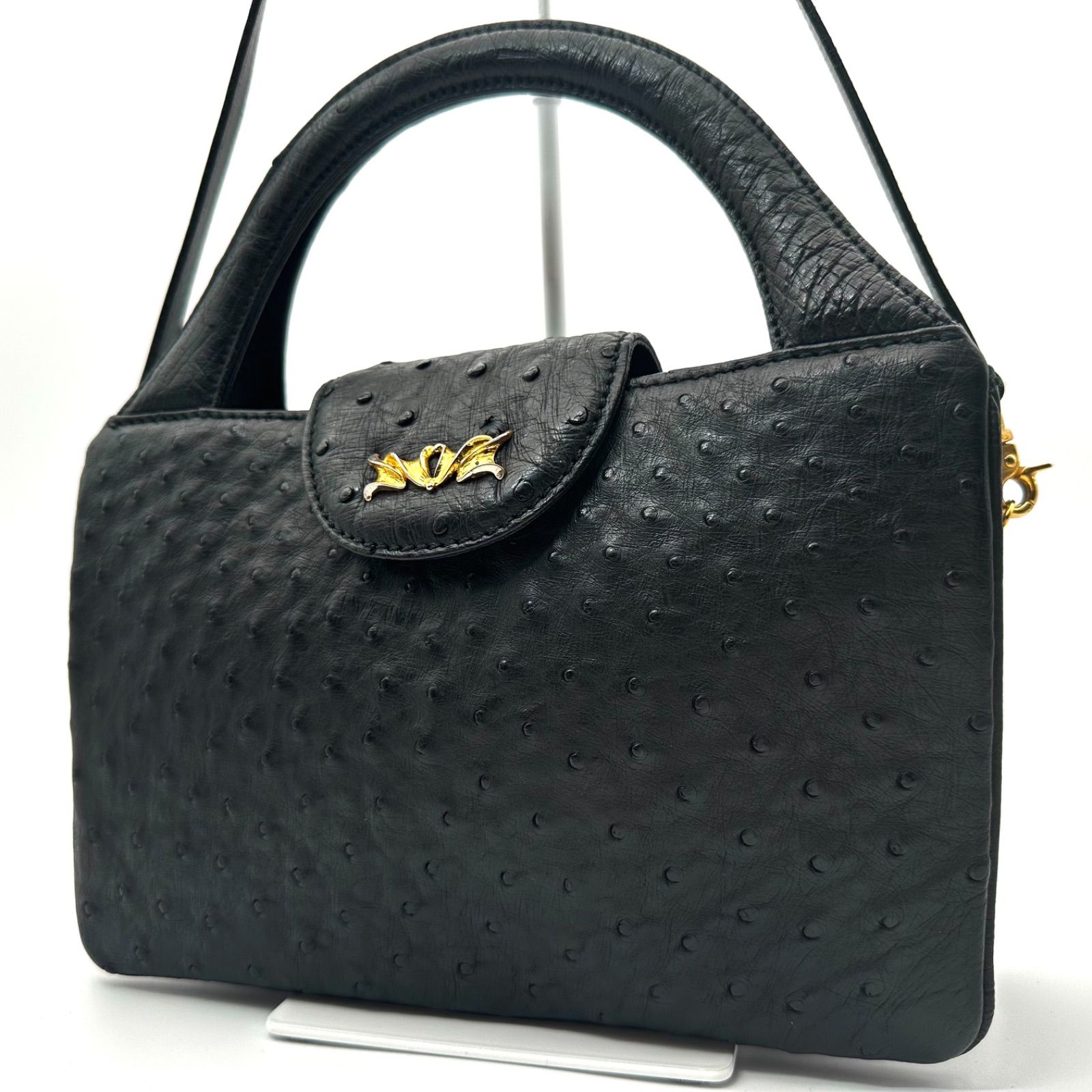 オーストリッチ ハンドバッグ ストラップ付き B5642】 オーストリッチ ハンドバッグ ショルダーストラップ 2way