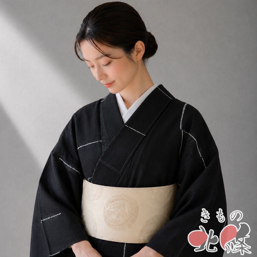 結城紬 着物 中古 正絹 袷 カジュアル 絞り染め 流線模様 黒色 身丈163cm 裄65cm L きもの北條 A1383-2