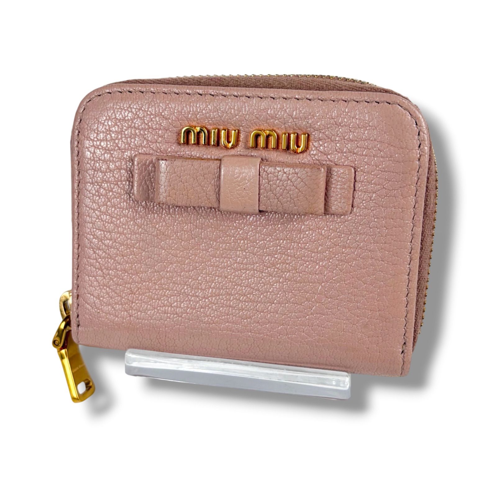 ミュウミュウ　MIUMIU リボン　フラグメントケース　ラウンドジップ　コインケース　カードケース　ミニウォレット　ピンク　マドラスレザー