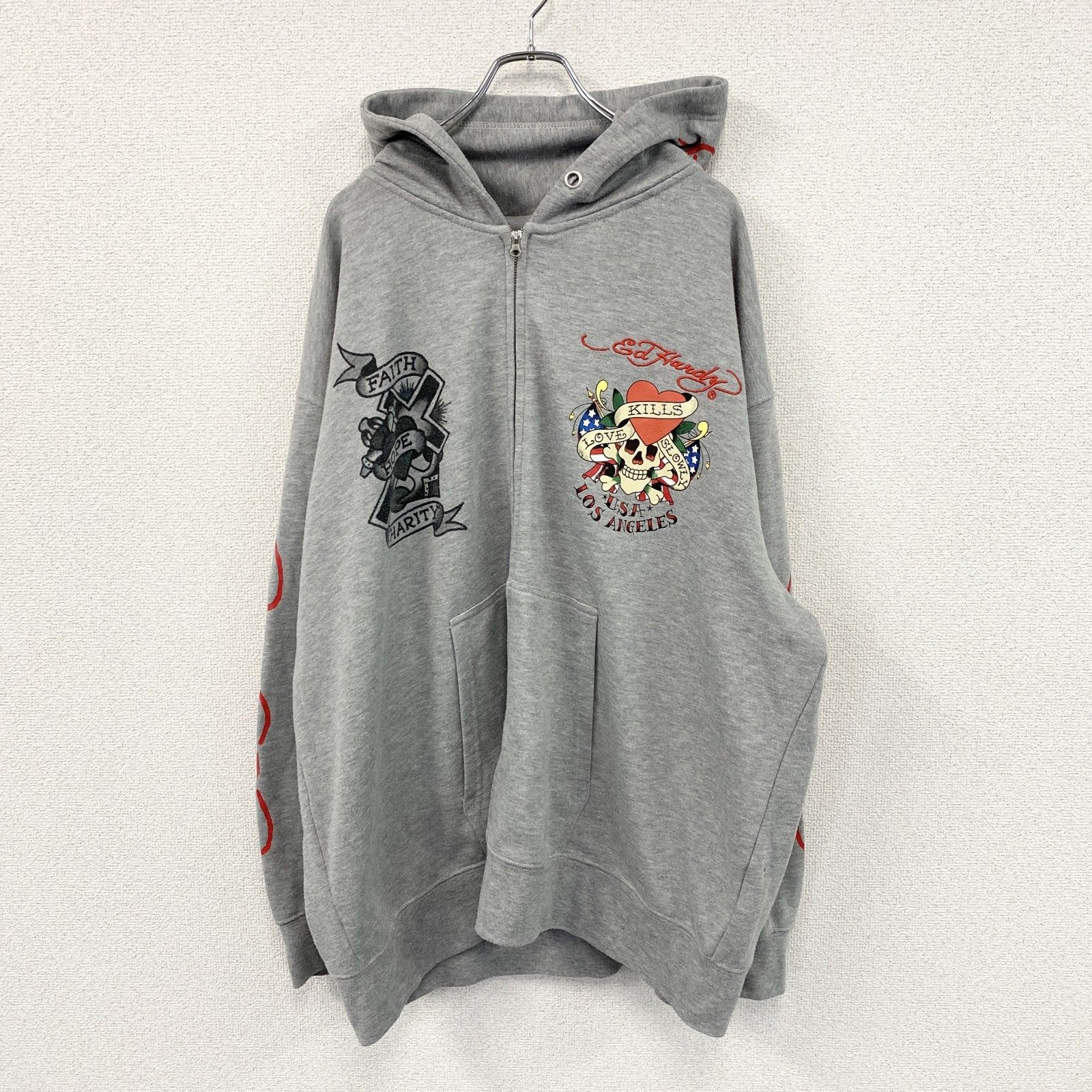 Ed Hardy　エドハーディー　フルジップパーカー/フーディー　グレー　5Lサイズ　古着