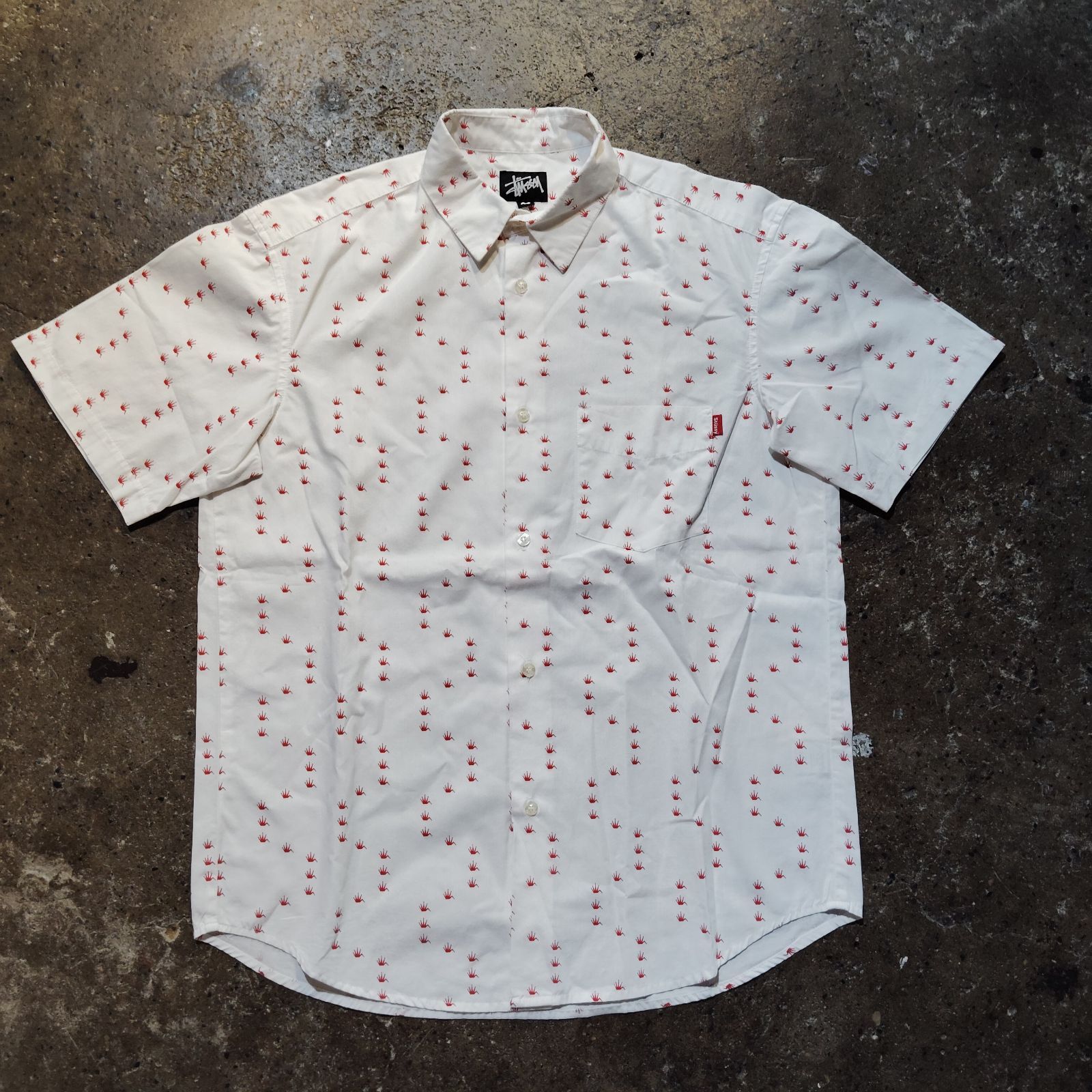 STUSSY USA製 クラウンデザイン 半袖シャツ 黒タグ ホワイト M ステューシー