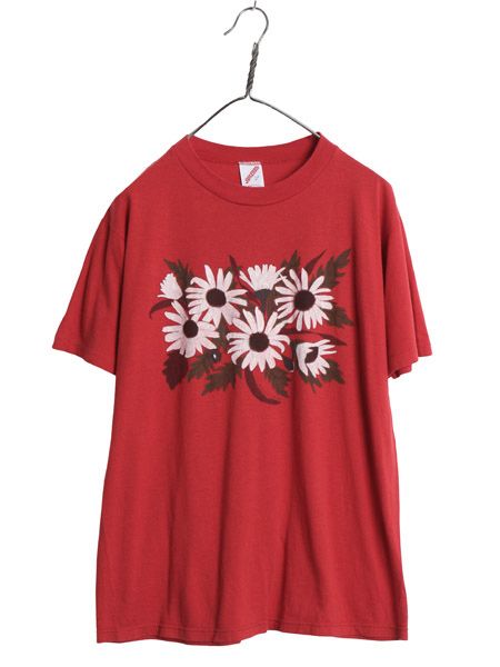 90s USA製 ボタニカル アート イラスト プリント Tシャツ メンズ レディース L / オールド グラフィック シングルステッチ フラワー レッド