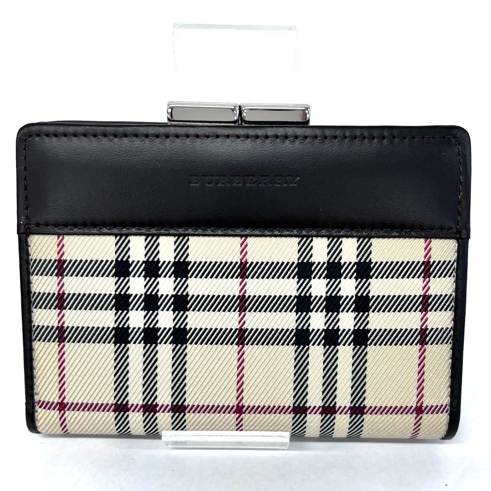 BURBERRY レザーチェックがま口 折り財布(ブラック) バーバリー がま口 