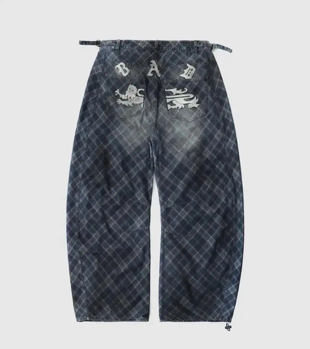 LION パッチ ウォッシュド バレル パンツ BADBLOOD バドブラッド ズボン デニム ブルー CHECK