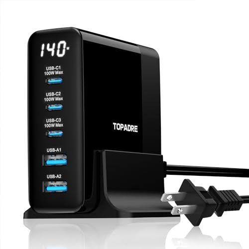 【新品】TOPADRE 140W 急速充電器 PD タイプ c 充電器【100W Max*USB-C*3＋USB-A*2+ディスプレイ搭載+PSE認証】5ポート Type-c充 電器 MacBook M4 M3 /ipad Pro/iPhon 911f390a