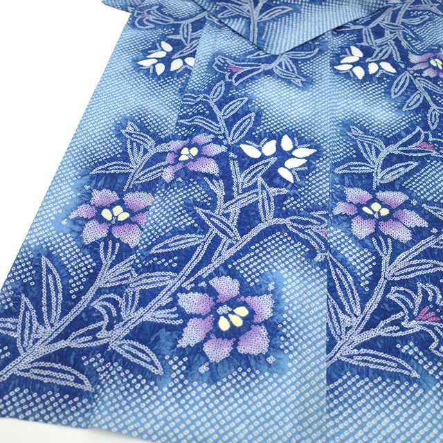 有松鳴海絞り 夏着物浴衣 手縫い仕立て 花繋ぎ 青 ブルー 美品 新古品】 有松 浴衣 本場有松鳴海絞り 夏物 未使用 ゆかた 絞り 木綿