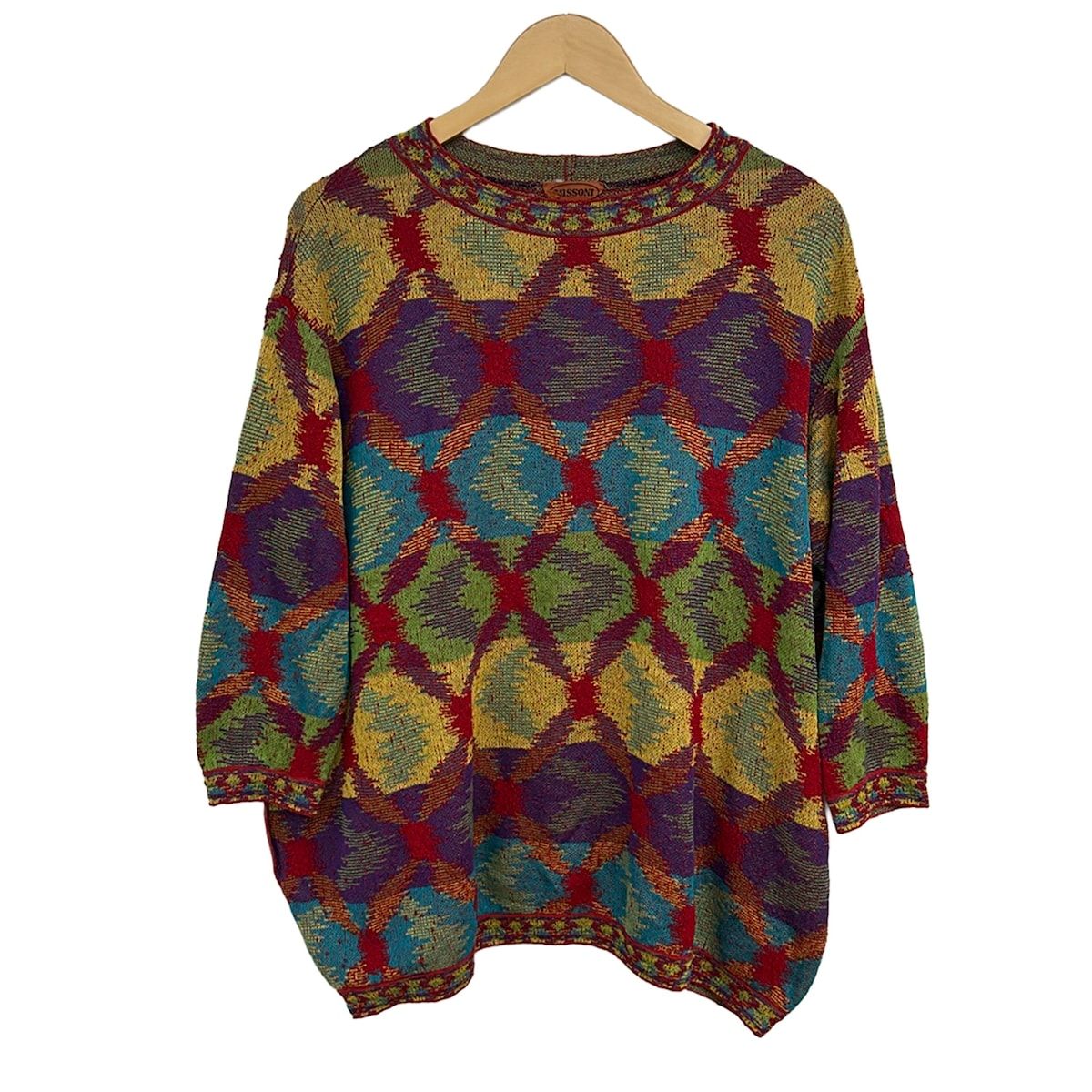 MISSONI(ミッソーニ) 長袖セーター サイズ40 M レディース美品 - レッド×パープル×マルチ クルーネック/ボーダー/チェック柄