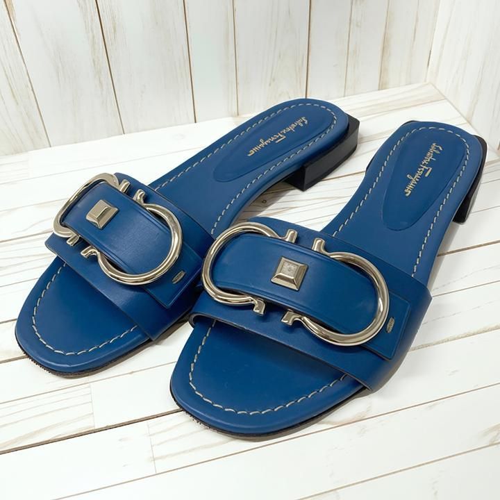 Ferragamo 青 スライドサンダル フェラガモ ガンチーニ スライドサンダル 6 1/2 C 約24cm ミュール