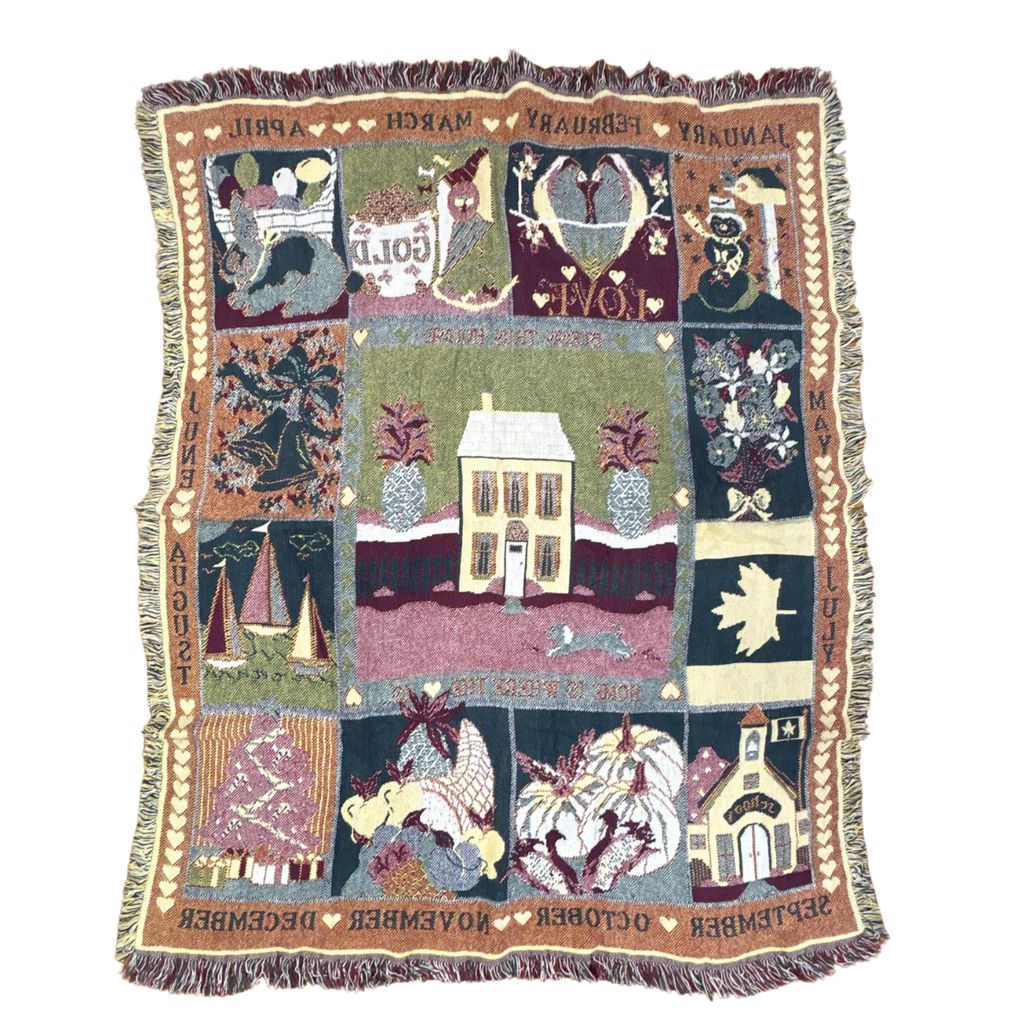 vintageラグ ブランケット マルチカバー タペストリー カントリー カレンダー 季節 Rug Blanket Calendar 3296