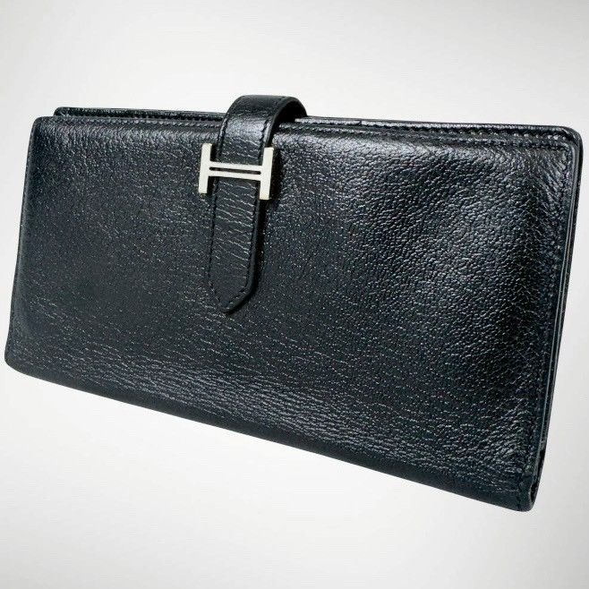 【美品】HERMES エルメス シェーブル ベアンスフレ 二つ折り 長財布 □M ブラック