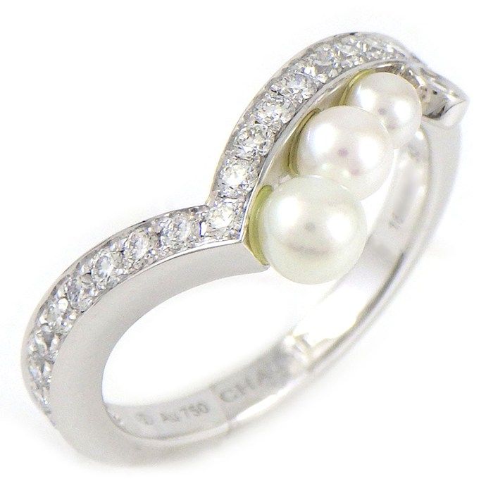 ショーメ Chaumet リング ジョセフィーヌ 083290 V字型 3ポイント パール 3.0-4.0mm珠 24ポイント ダイヤモンド 計0.40ct K18WG 13号 / #53 【中古】