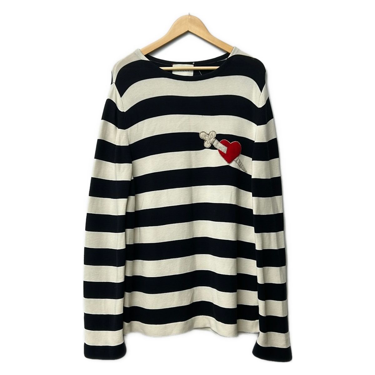 GUCCI(グッチ) 長袖セーター サイズXL メンズ美品 - 461255 X5P46 白×ダークネイビー×レッド ボーダー/ハート