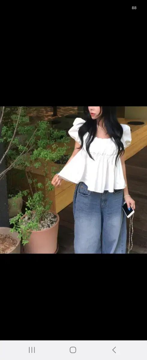 ootj 룩스유 ブラウス セット サイド ピンタック フォールディング デニム ワイドパンツ