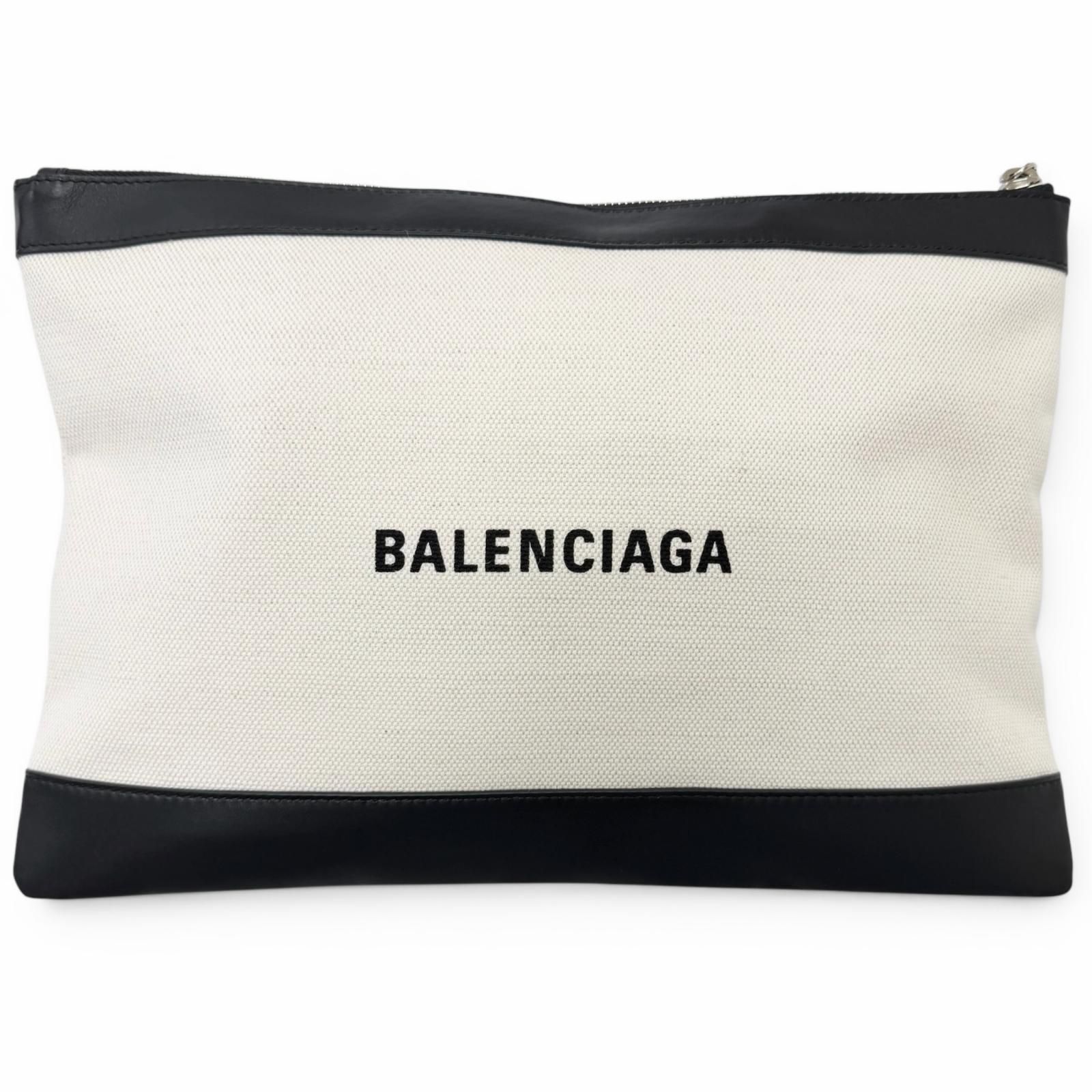 未使用品□BALENCIAGA バレンシアガ 373834 ネイビークリップM キャンバス レザー ロゴプリント クラッチバッグ アイボリー イタリア製 25,200円