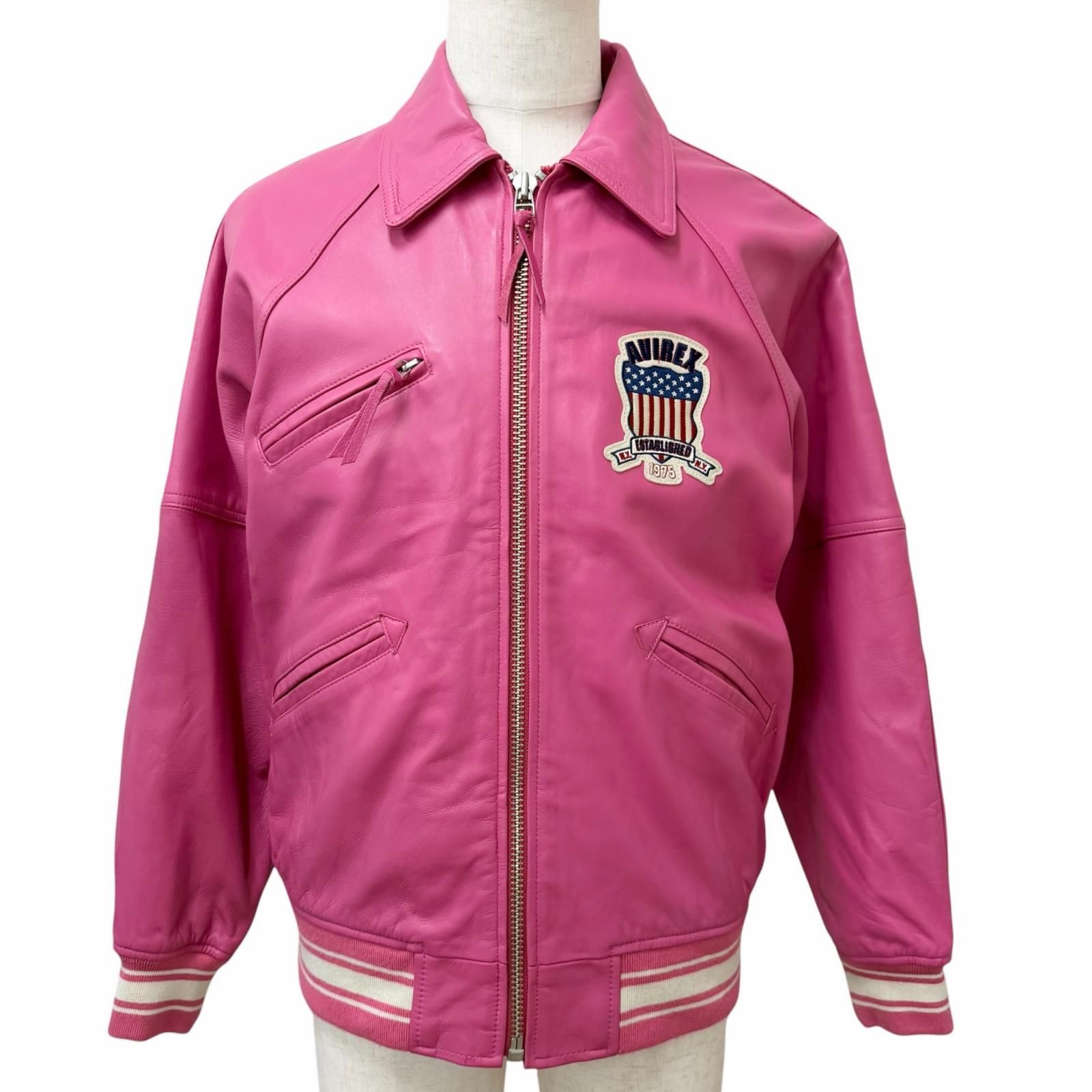 美品□AVIREX アヴィレックス 783-3950007 LIGHT SIGNATURE VARSITY JACKET 羊革 レザー バーシティジャケット ピンク L 正規品 メンズ
