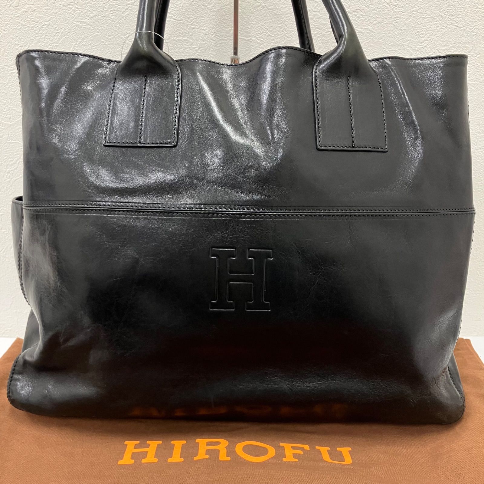 Y3885　HIROFU　ヒロフ　トートバッグ　ハンドバッグ　ブラック　黒　レザー　大きめ　大容量　レディース