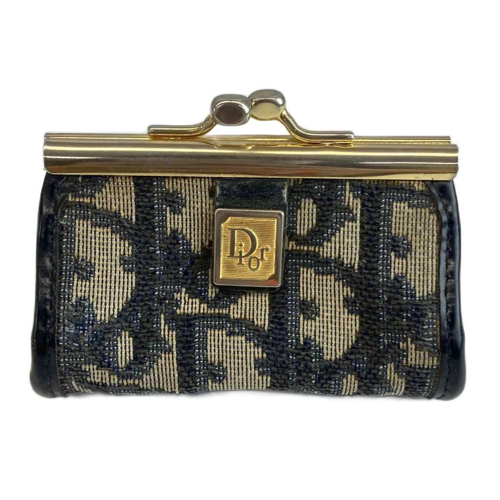 クリスチャンディオール Christian Dior コインケース 小銭入れ がま口 キャンバス トロッター柄 総柄 ロゴプレート ベージュ 黒 ブラック /XZ ■GY11