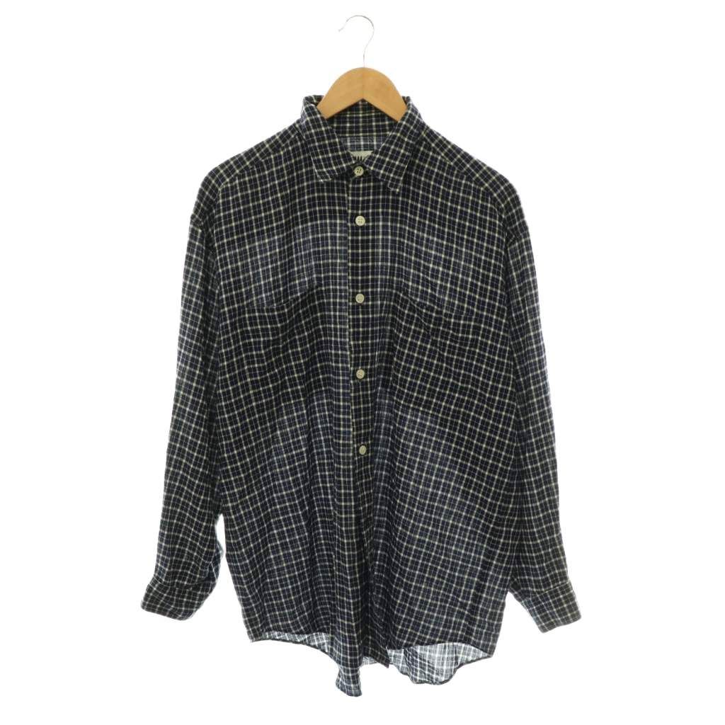イッセイミヤケ ISSEY MIYAKE ミヤケデザインスタジオ MIYAKE DESIGN STUDIO シャツ 長袖 前開き チェック L 紺 ネイビー 白 ホワイト /NR