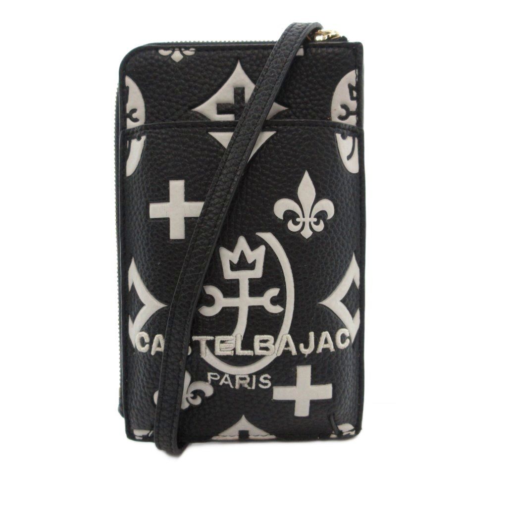 カステルバジャック CASTELBAJAC 美品 スマホバッグ ショルダーバッグ ロゴ 総柄 黒 ブラック 白 ホワイト /MX