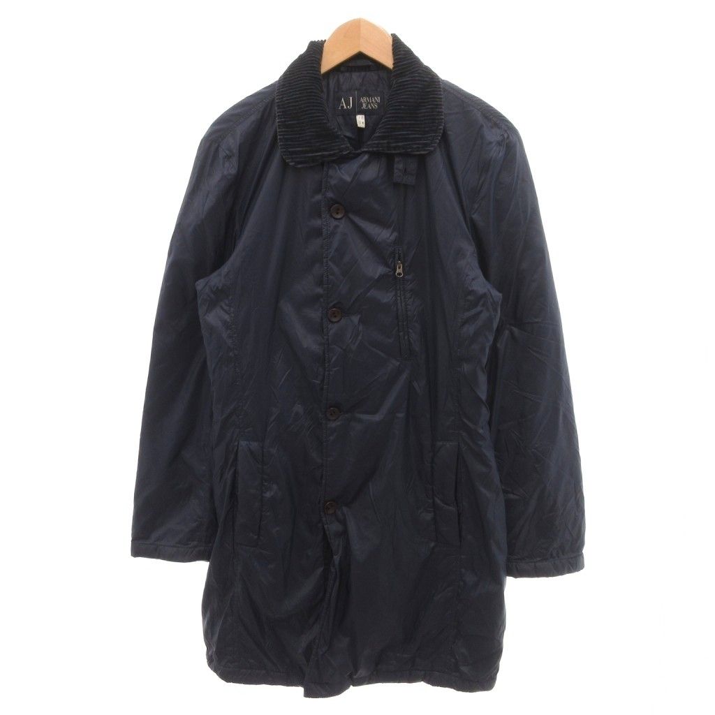 アルマーニ ジーンズ ARMANI JEANS 美品 中綿コート M 紺 ネイビー コーデュロイ襟 ミドル丈 ボタンダウン /SJ ■GY18