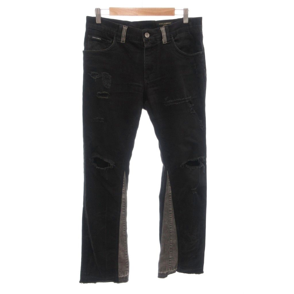 ドルチェ&ガッバーナ ドルガバ DOLCE&GABBANA DENIM SLIM デニムパンツ ジーンズ スキニー ダメージ加工 パネル切り替え プレート 48 黒 ブラック /FF