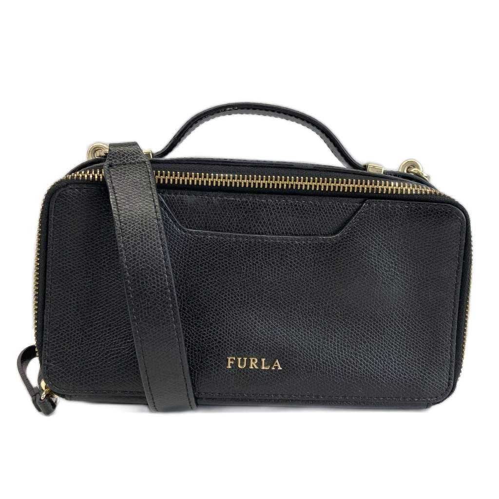 フルラ FURLA ミニハンドバッグ ショルダー 2WAY レザー ラウンドファスナー ロゴ ゴールド金具 黒 ブラック /XZ ■GY11
