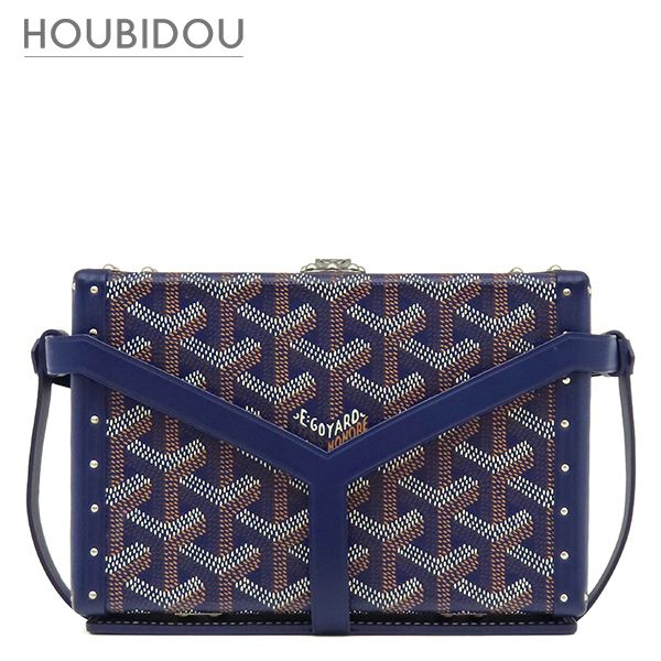 ゴヤール GOYARD ショルダーバッグ ミノディエール トランクバッグ キャンバス ゴヤールディンキャンバス クラムシーカウハイド ネイビーブルー シルバー金具 紺 茶 白 杉綾模様 MINA08PMLTY12CL12P【中古】