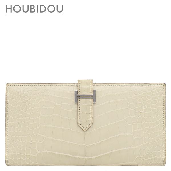 エルメス HERMES 長財布 ベアンスフレ アリゲーターマット ベトン シルバー金具 オフホワイト 二つ折り財布 クロコ A【中古】