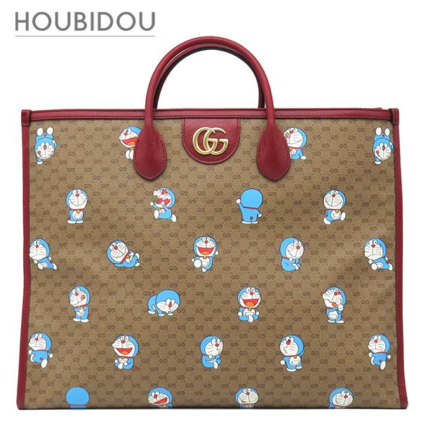 グッチ GUCCI 2WAYバッグ ドラえもんコラボ トート レザー ミニGGスプリームキャンバス ベージュ×レッド ゴールド金具 どらえもん ショルダー 肩掛け 653952【中古】