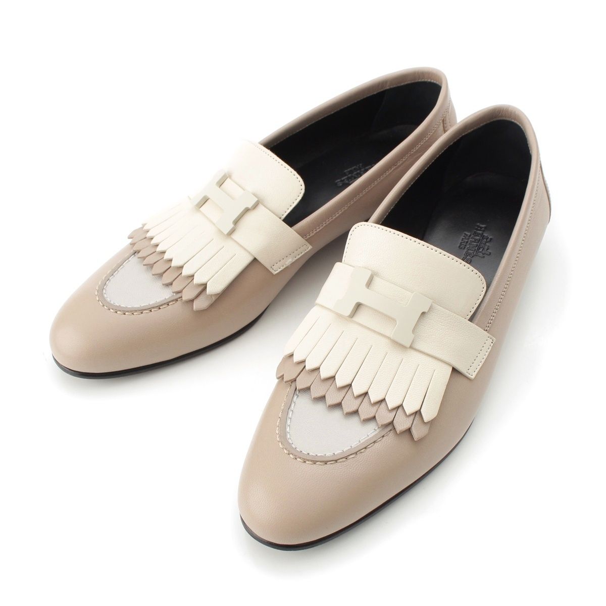エルメス ロワイヤル レザー フリンジ ローファー 革靴 シューズ ベージュ系 38【中古】