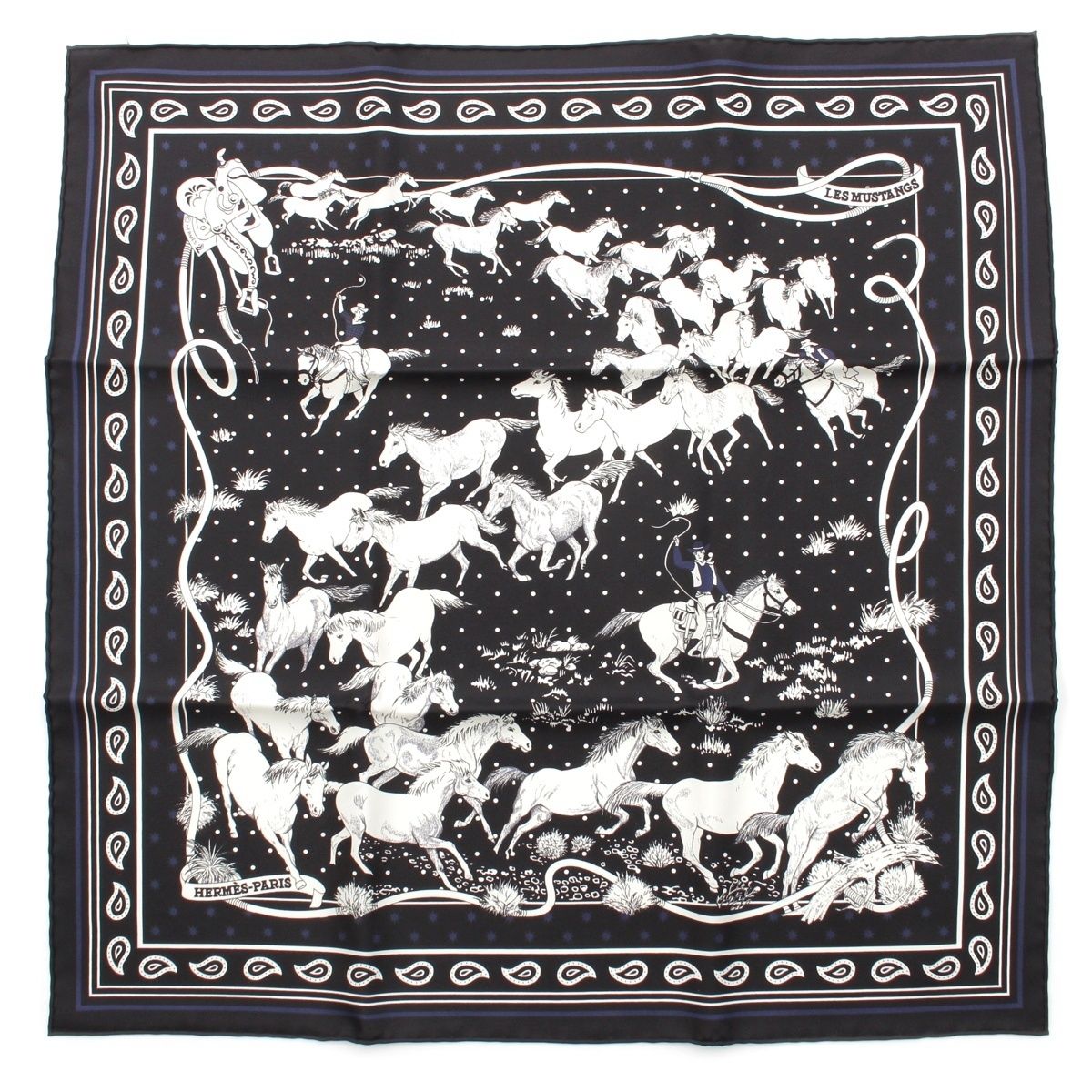 エルメス カレ55 LES MUSTANGS BANDANA 野生馬 シルク バンダナ スカーフ ブラック【中古】