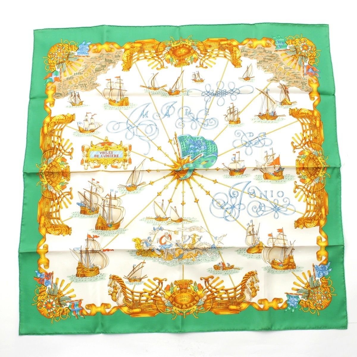 エルメス カレ90 シルク VOILES DE LUMIERE 光の帆船 スカーフ グリーン【中古】
