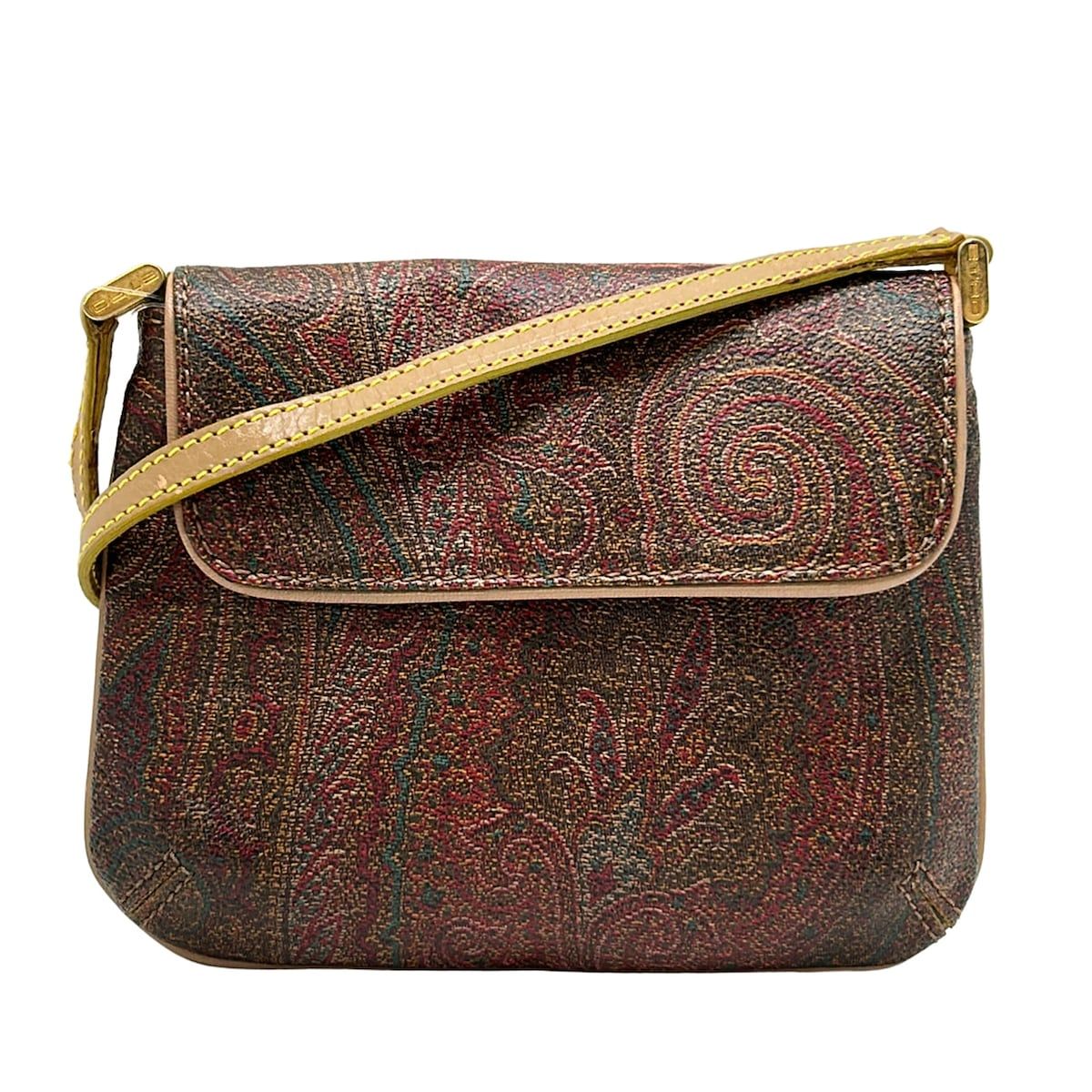ETRO(エトロ) ショルダーバッグ - ダークブラウン×ベージュ×マルチ ペイズリー柄/斜めがけ/ミニバッグ レザー
