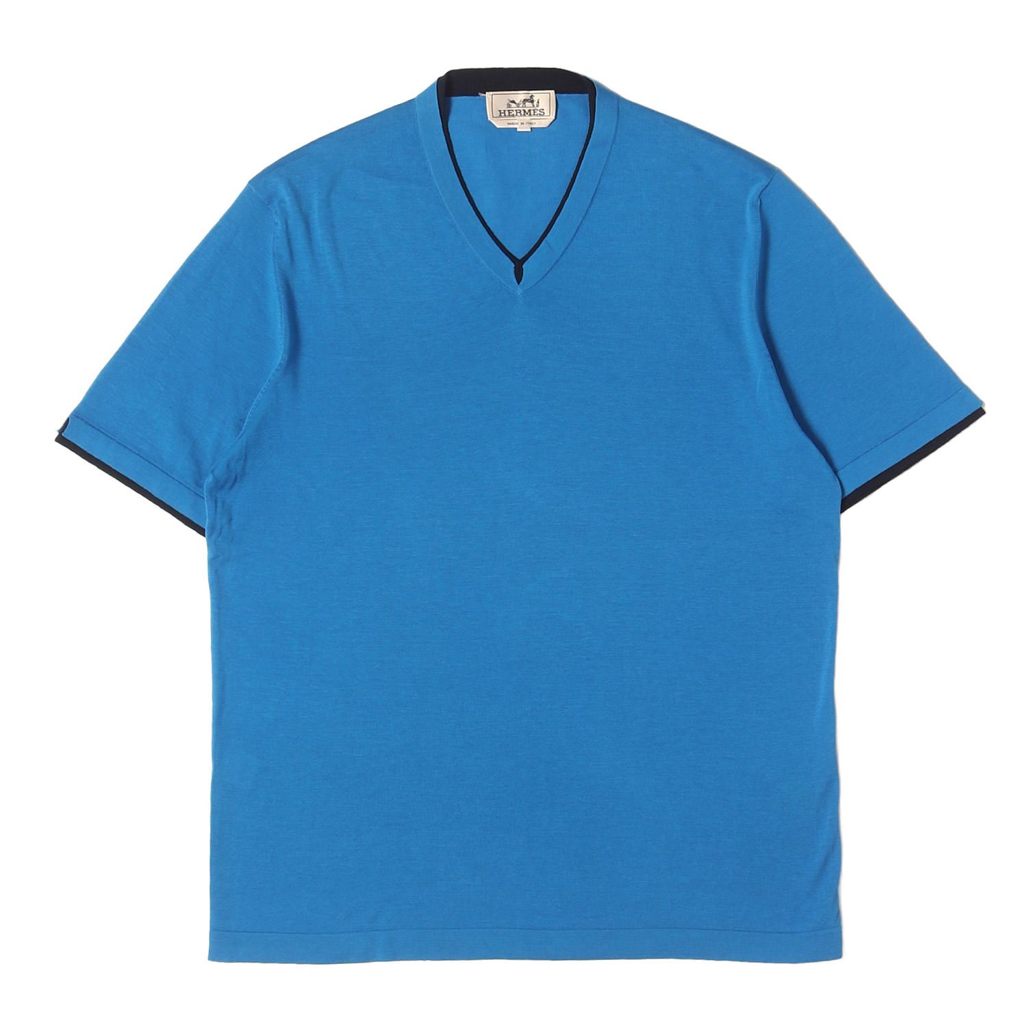 HERMES エルメス Tシャツ ブルー ブラック Mサイズ レイヤードデザイン Vネック コットンニット Tシャツ イタリア製 トップス カットソー 半袖【メンズ】【中古】