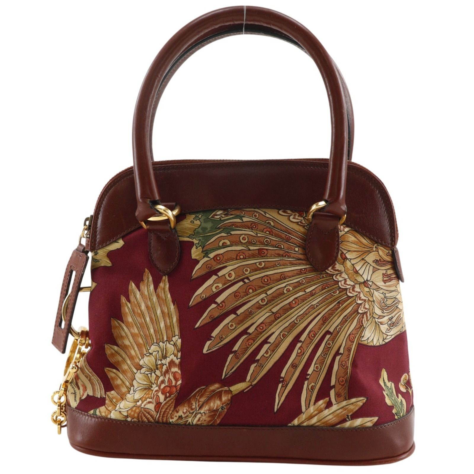 【Salvatore Ferragamo】サルヴァトーレフェラガモ AU-21 4783 コットン×レザー 赤茶 レディース ハンドバッグ