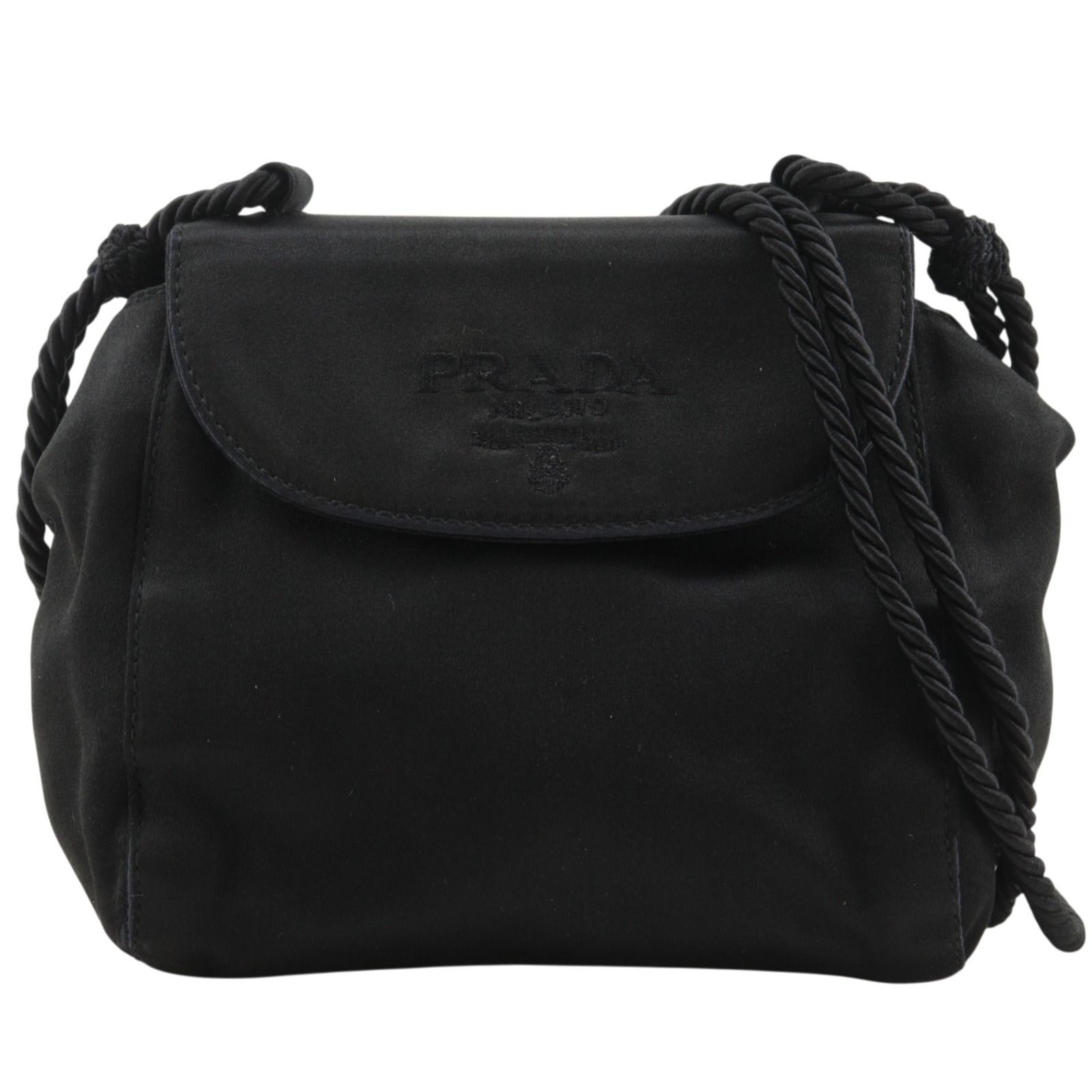 【PRADA】プラダ ロゴ フリンジ サテン 黒 レディース ショルダーバッグ