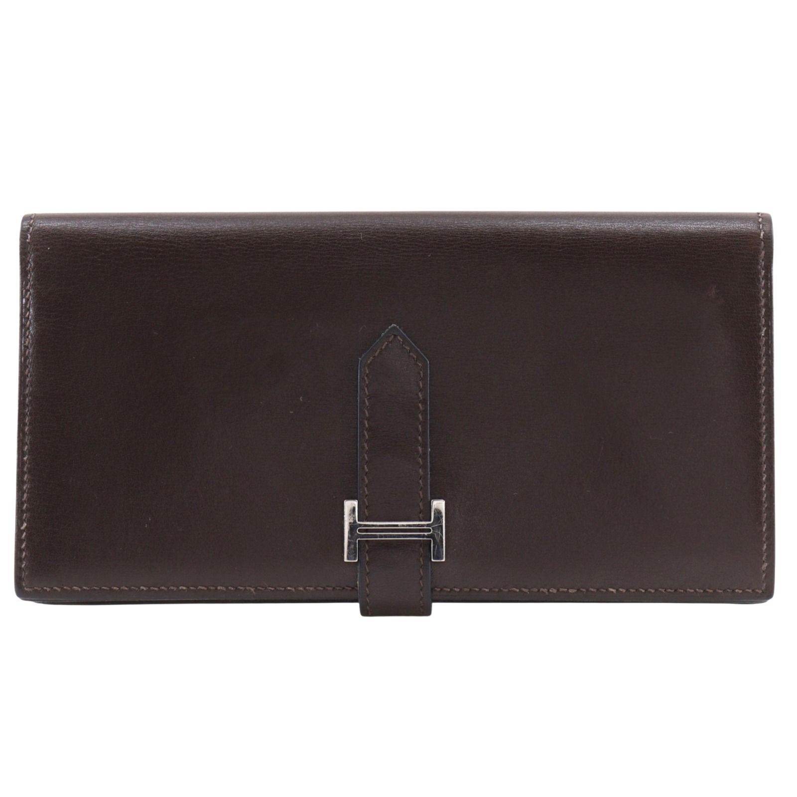 【HERMES】エルメス ベアンスフレ ボックスカーフ 茶/シルバー金具 □K ユニセックス 長財布