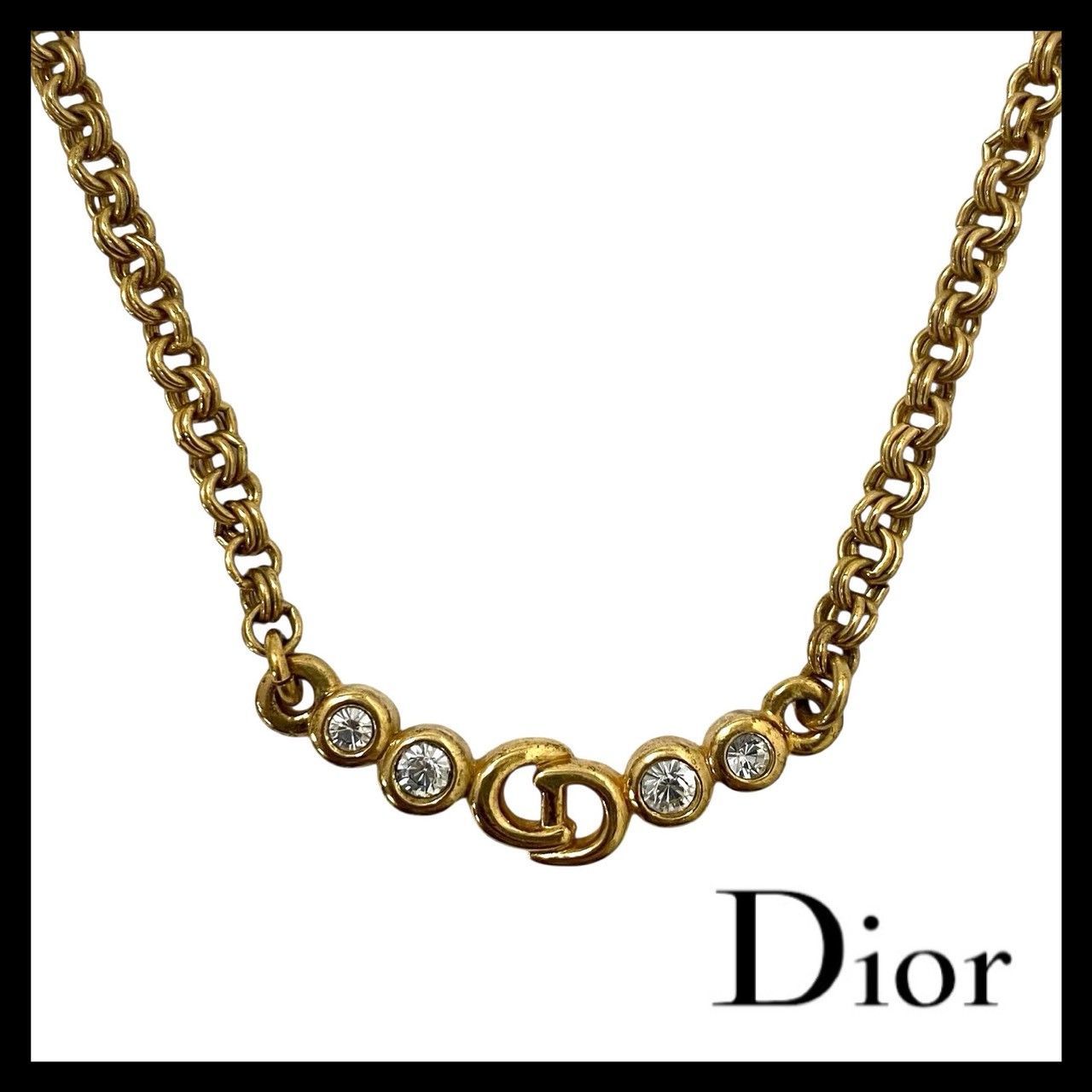 【Dior】CDロゴ ラインストーン ネックレス ゴールド/金 カラー ペンダント ヴィンテージ Christian Dior/クリスチャンディオール (MM-789)