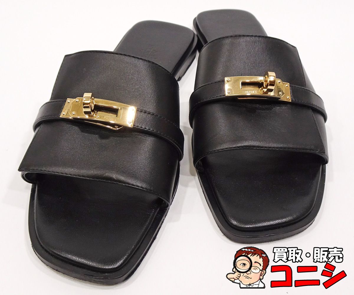 【質コニシ】【HERMES/エルメス】ジュリア サンダル レザー 黒 ブラック サイズ39 約25cm レディース 箱付き 中古品【送料込み】p0018j