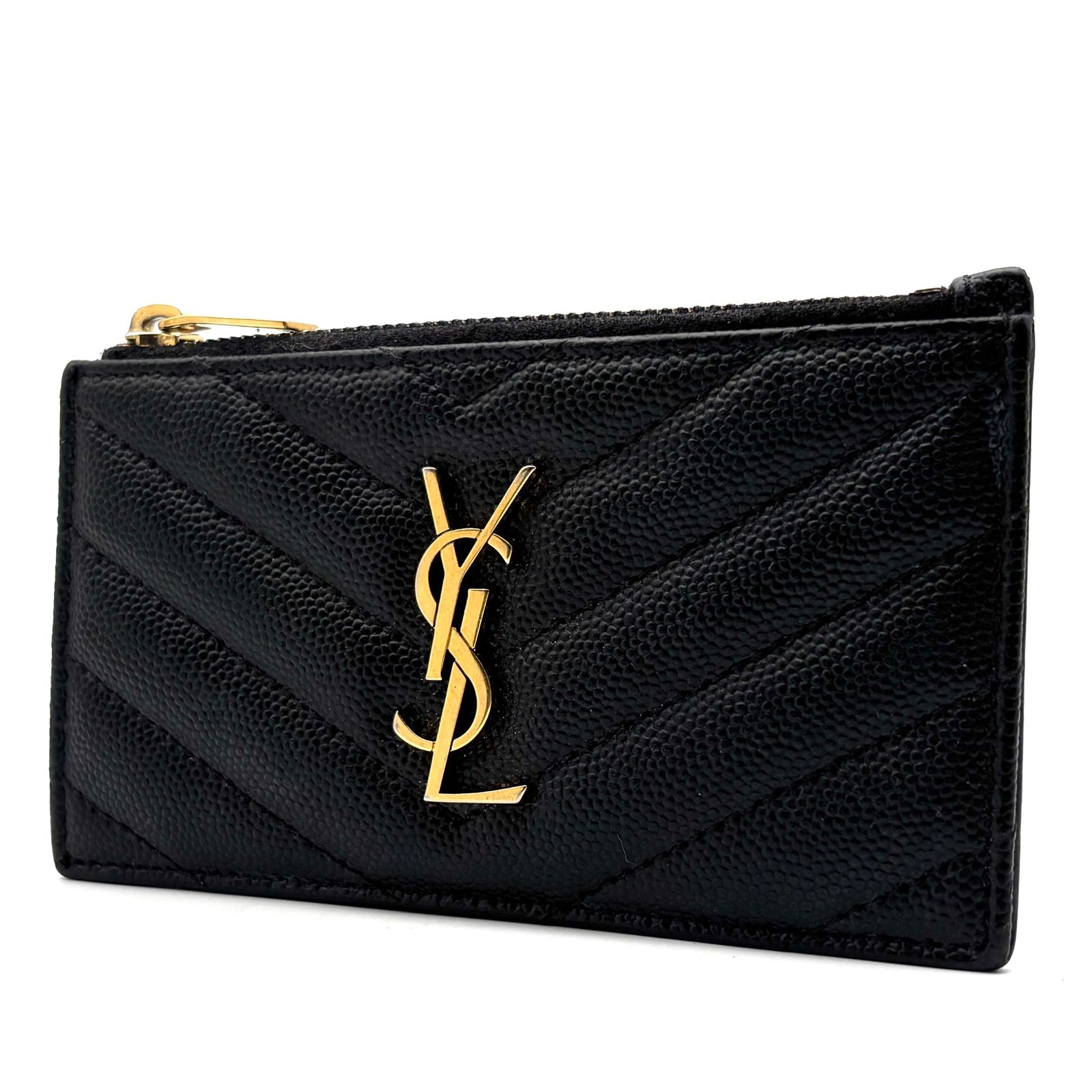 美品 サンローラン SAINT LAURENT カサンドラ YSL フラグメントケース カードケース コインケース ブラック 黒 グレインレザー キルティング Vステッチ ボーナス 夏休み 帰省 お盆 敬老の日 サマーギフト シルバーウィーク