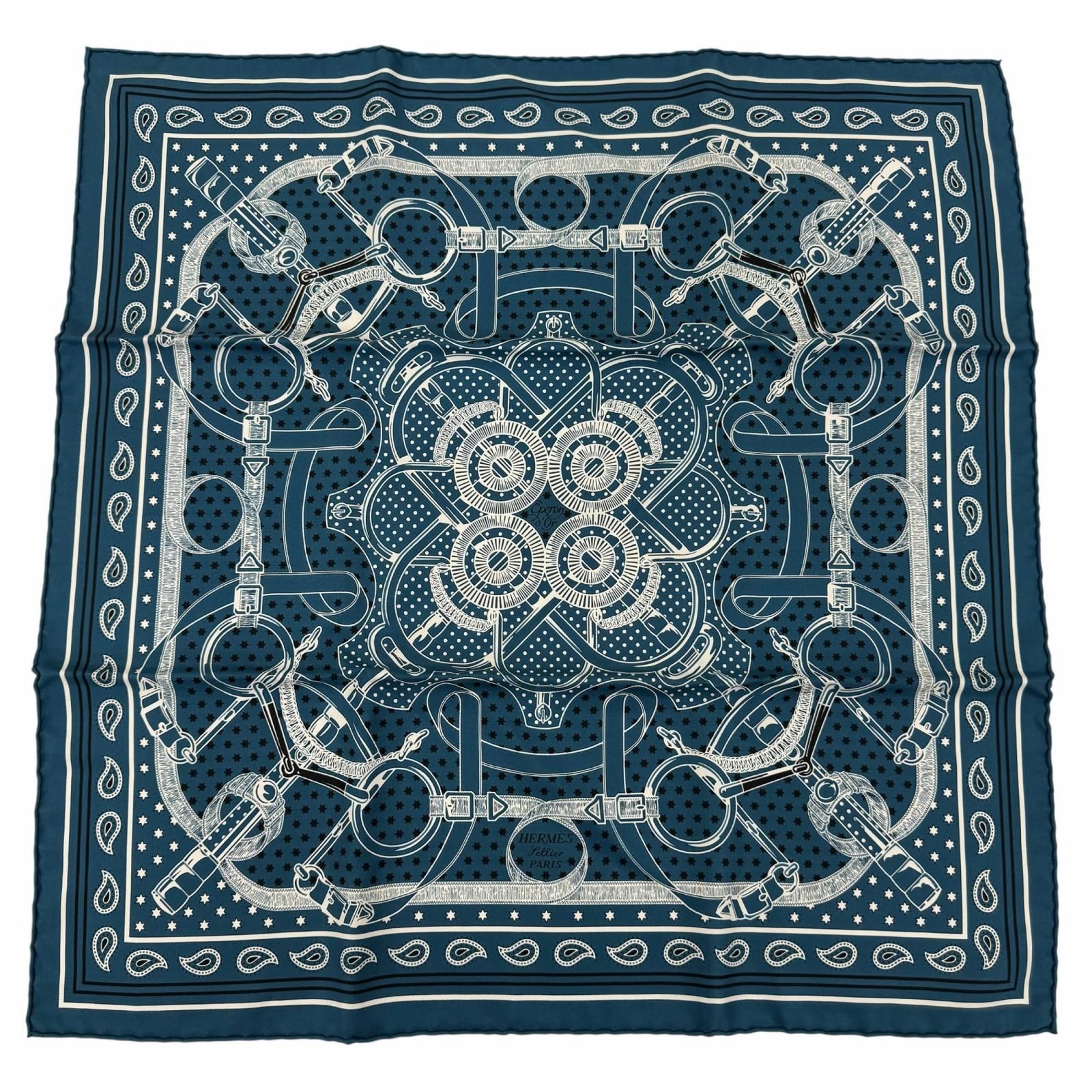 極美品☆HERMES エルメス カレ55 エプロン・ドール・バンダナ シルク100％ スカーフ ブルー系 フランス製 レディース 箱付き