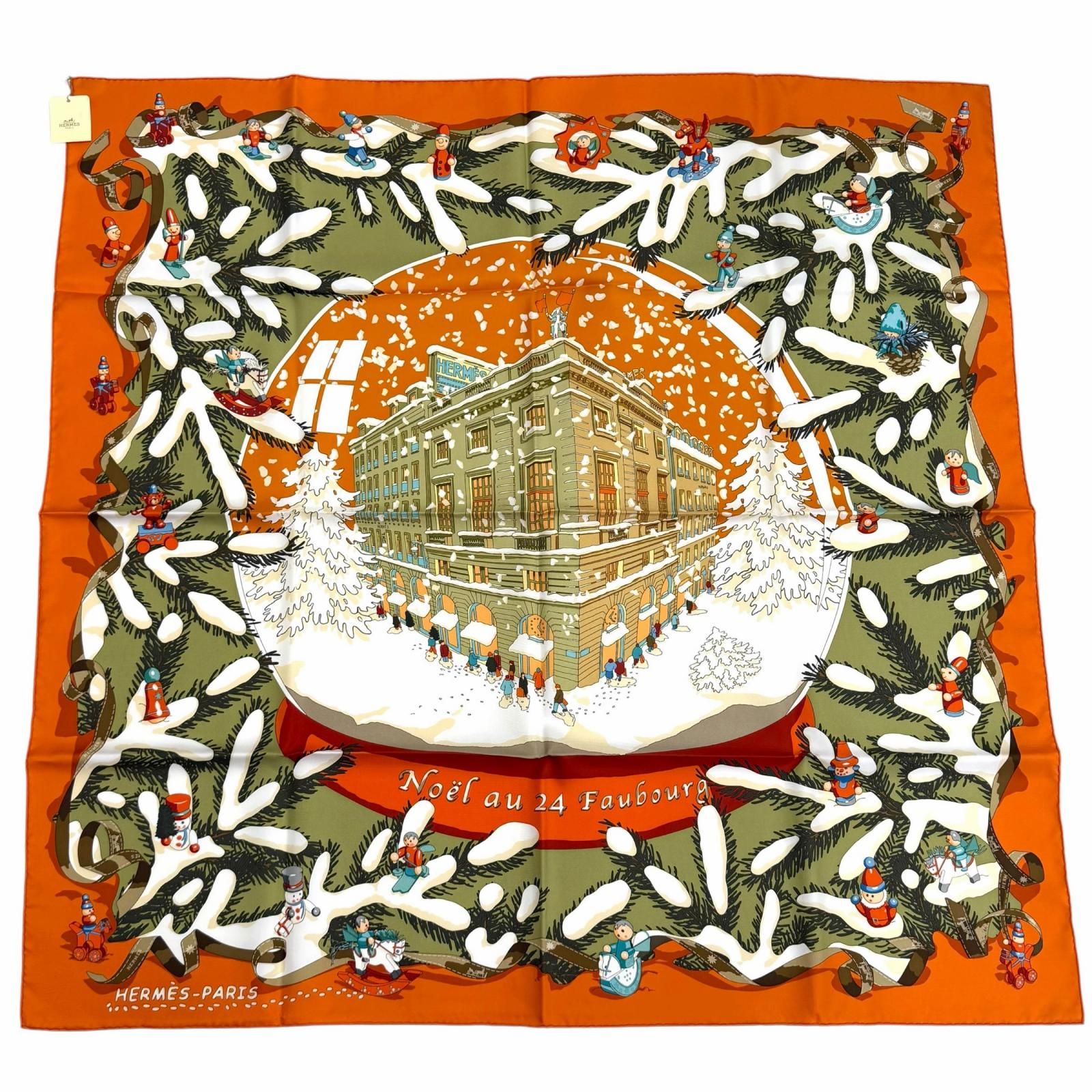 未使用品★エルメス カレ90 Noel au 24 Faubourg フォーブル24番地のクリスマス シルク100％ POTIRON/VERT AMANDE/CORAIL スカーフ