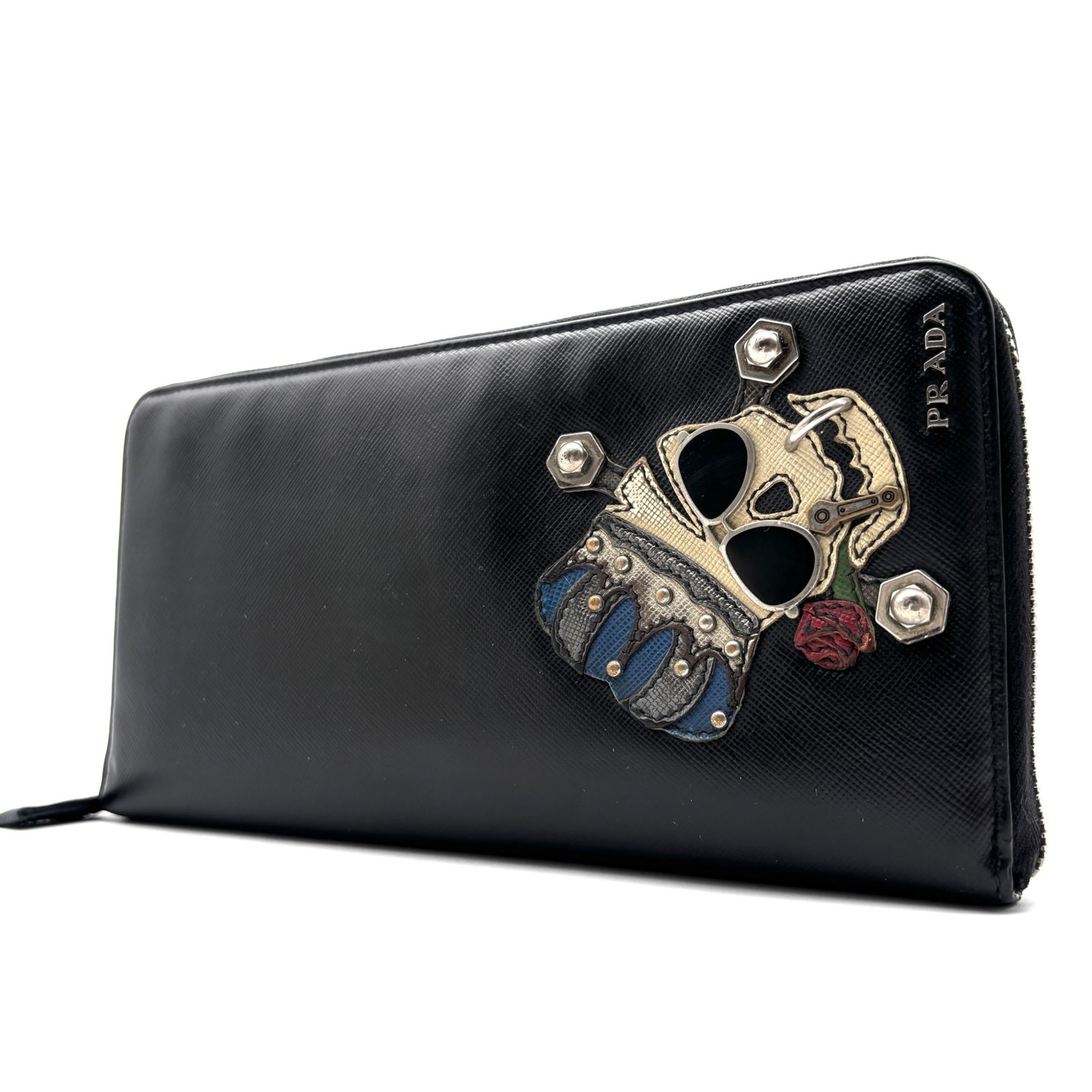 プラダ PRADA サフィアーノ スカル オーガナイザー トラベルウォレット 長財布 ラウンドファスナー ドクロ ブラック 黒 レザー ボーナス 夏休み 帰省 お盆 敬老の日 サマーギフト シルバーウィーク