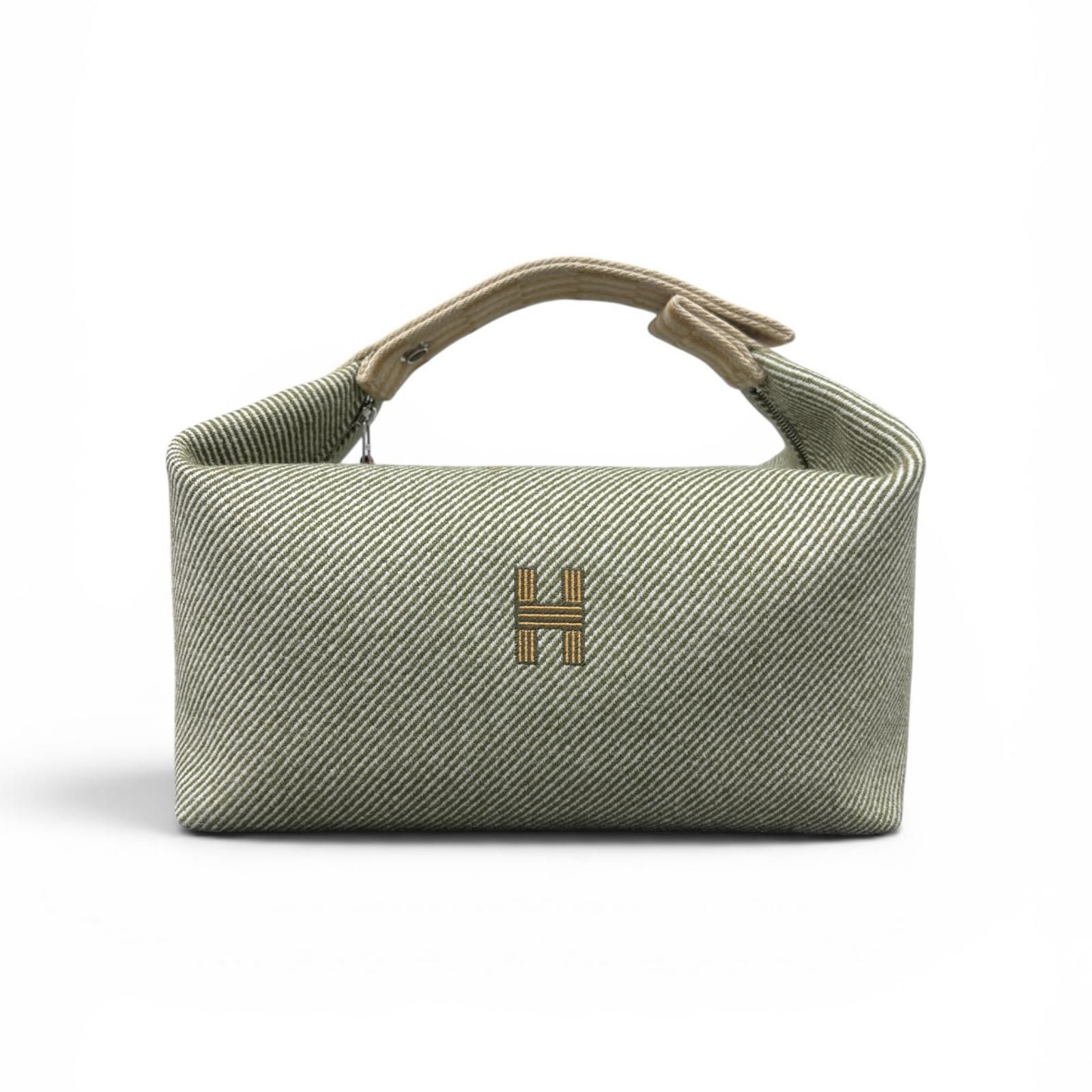 HERMES 極美品 エルメス ブリッド ア ブラックGM ハンドバッグ ウール キャンバス グリーン オレンジ ハンドポーチ Aランク 中古 鑑定済 エルメスバッグ